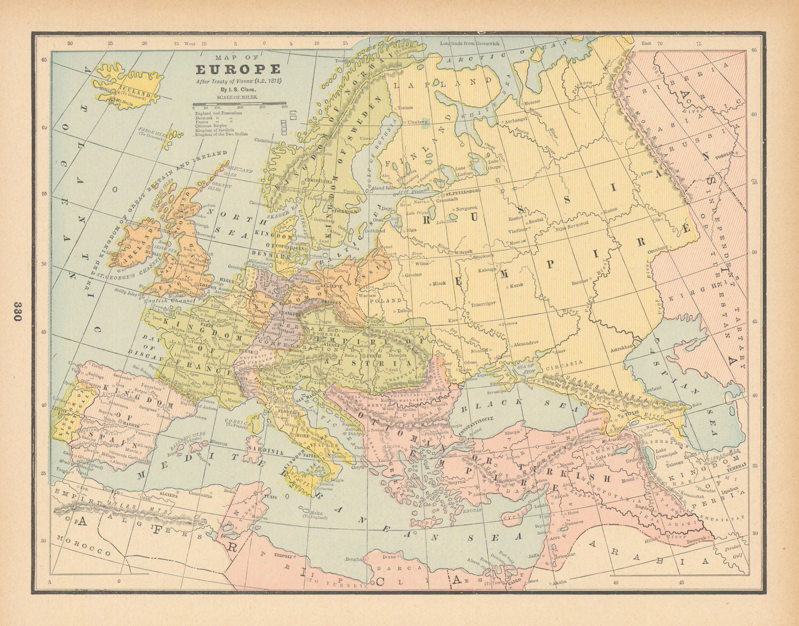 Map of Europe after Treaty of Vienna, AD 1815. CLARE 1894 old antique